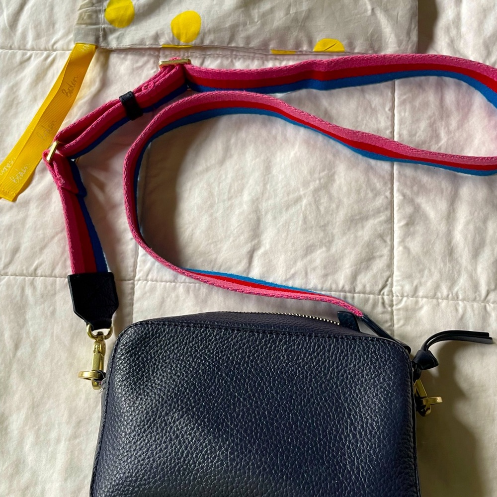 Boden navy leather crossbody w/ colorful canvas strap